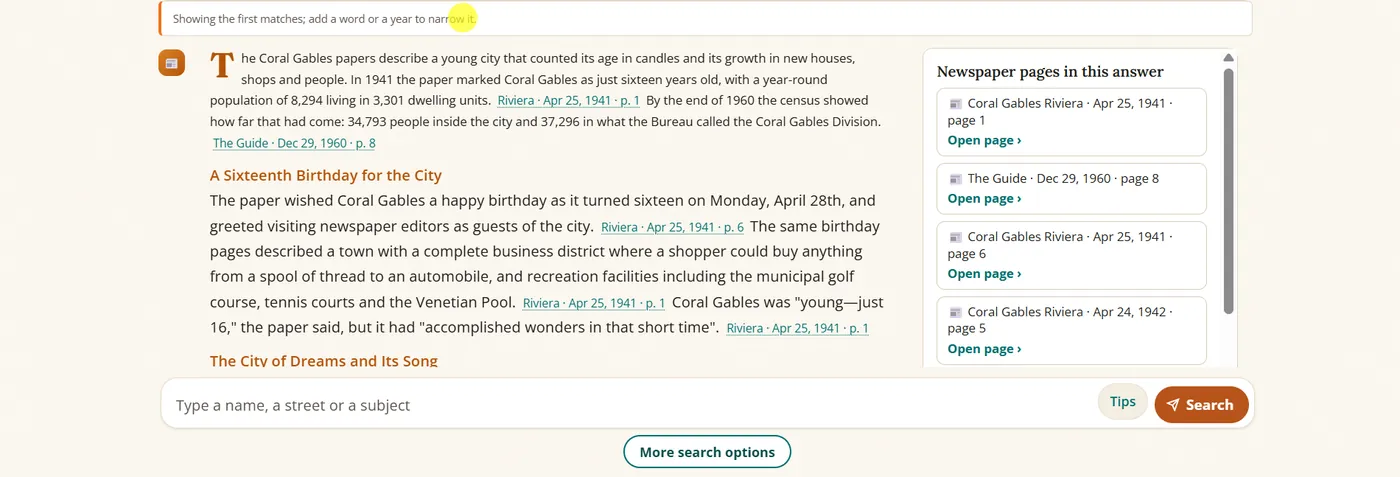 A coralgableshistory.net answer about the young city of Coral Gables, with inline citations such as Riviera, Apr 25, 1941, page 1, and a list of the newspaper pages it used.